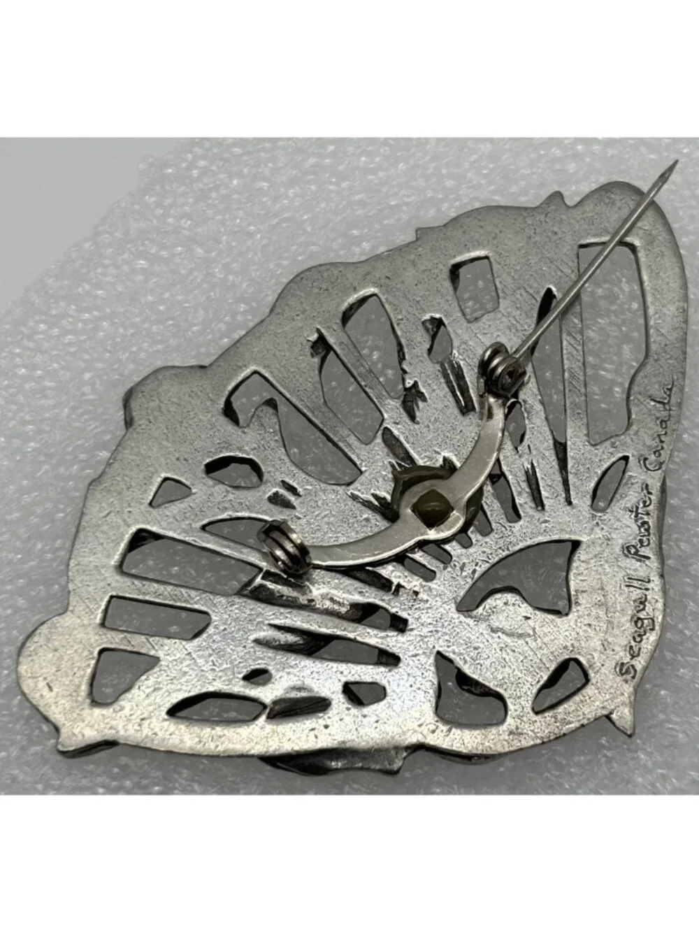 Vintage Bird in Flight Floral Fan Brooch Seagull Pewter Canada Late 1980s Signed